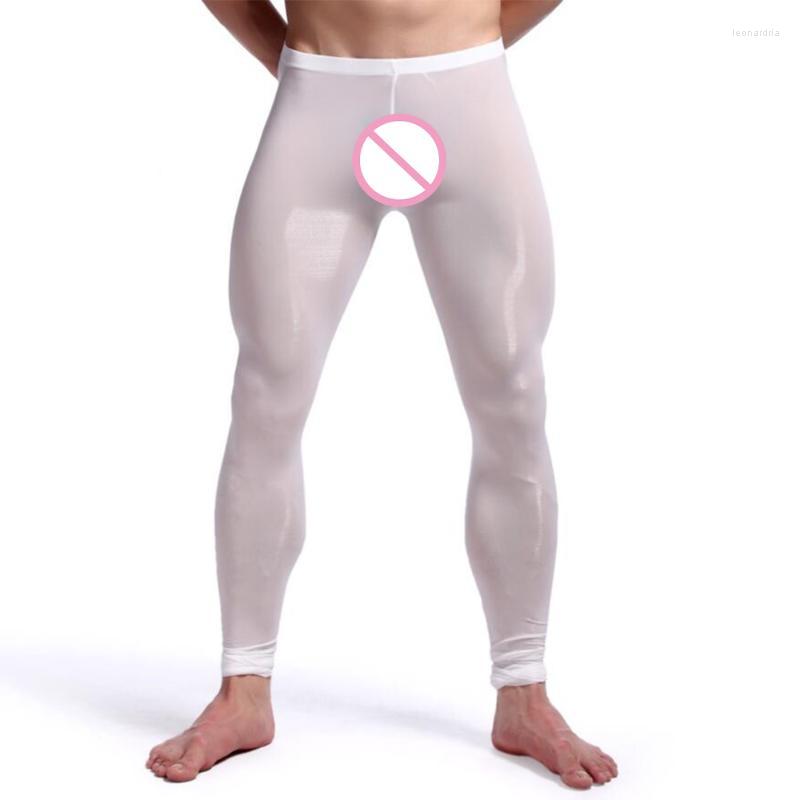 

Men's Sleepwear Mens Pajama Pants Sexy Sheer Long Johns Translucent U Convex Pouch Panties Underwear Tight Leggings Silky Skinny Underpants, Black