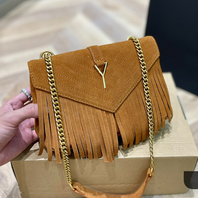 

French Womens Suede Fringe Envelope Bag Classic Flap Multi-pocket Hardware Chain Crossbody Postman Wallet Sacoche Designer Luxury Ladies Purse Handbags 21X12CM, Box