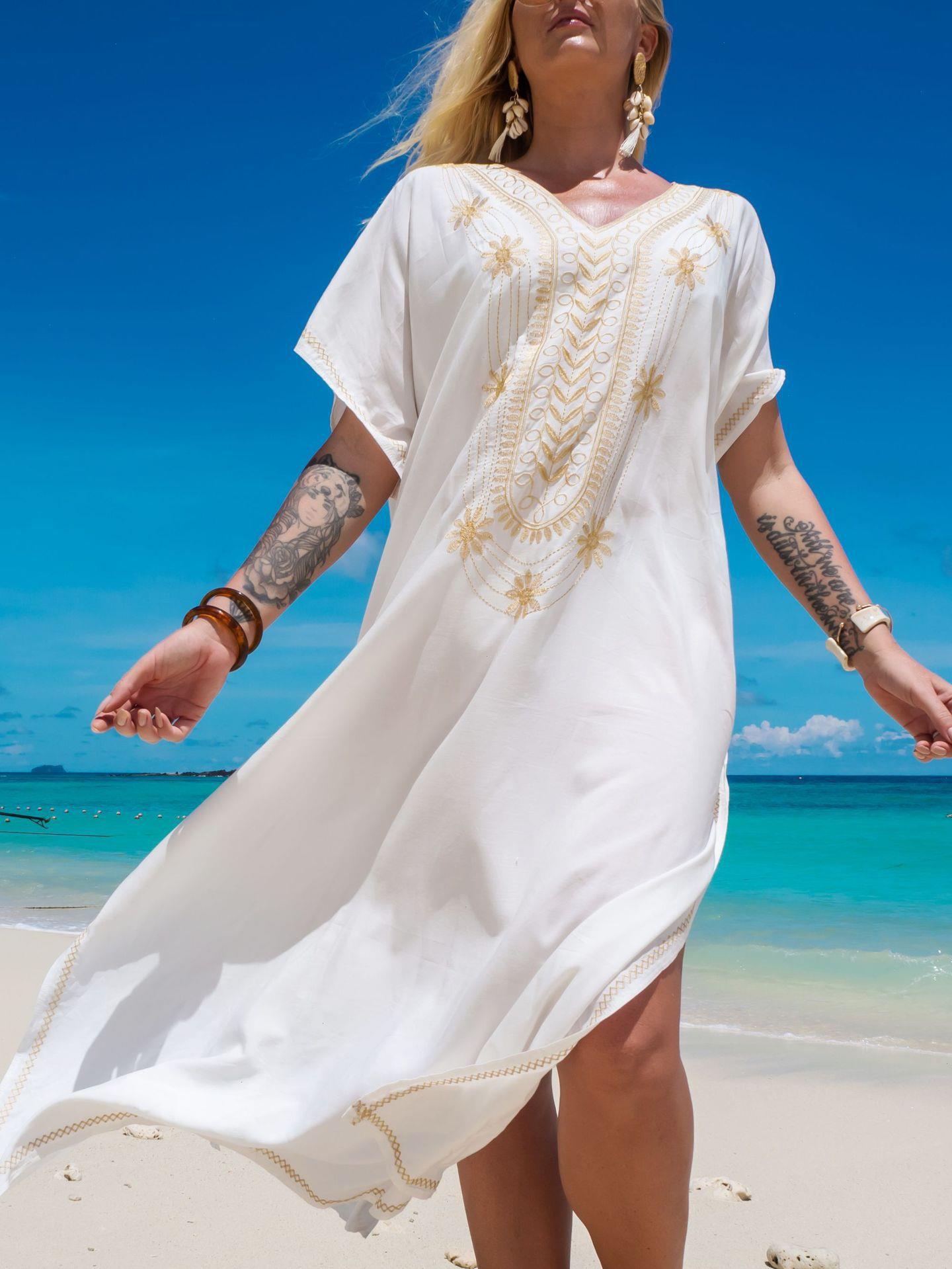 

100 Cotton Swimsuit Material Summer Beach Dress For Women White Split Kafftan