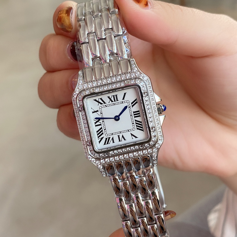 

5 Styles Womens diamonds Bezel square Watch shell dial Silver 316L stainless steel Case designer iced out Luxury Watches quartz waterproof wristwatches, Only box and papers