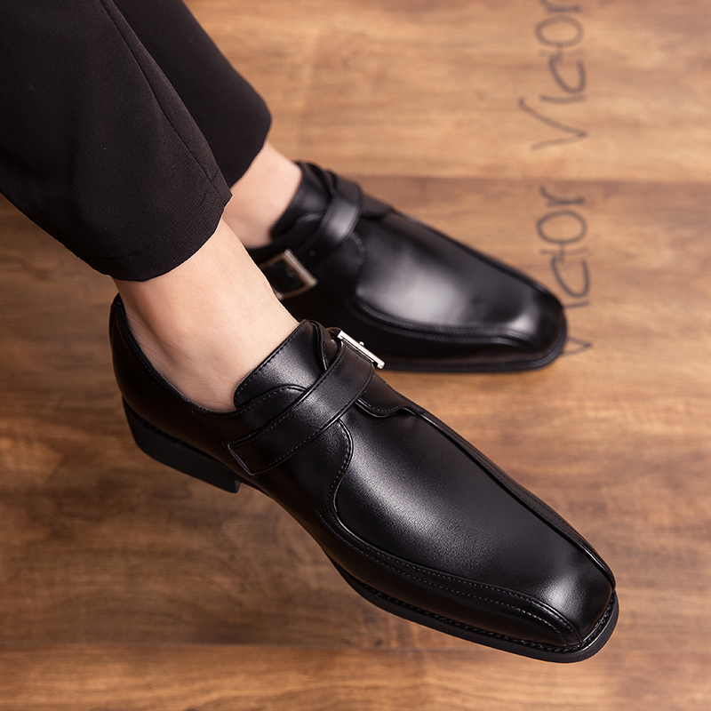 Men Business Casual Shoes Solid Color PU Fashion Metal Buckle Square Heel Comfortable Everyday Shoes AD103