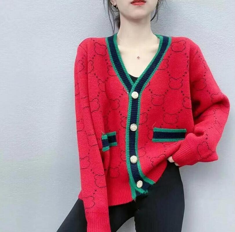 

Women Sweater GGity Letter V Neck Knitted Cardigan Female Long Sleeve Fashion Oversized Jumper Tops, Red