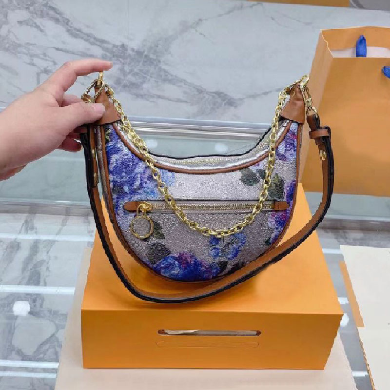 

Chain Single Shoulder Messenger Bag Crescent Moon Axillary Bags Women Handbag Leather Shoulder Strap Classic Letter Flower Pattern Zipper Front Pocket Clutch, Just box