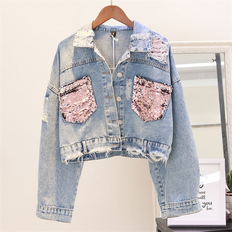 

Women' Jackets Hole Jean Jacket Women Spring Short Sequin Denim Jacket Splice Autumn Female Jacket Autumn Bomber Jackets For Women Navel 220901, Photo color