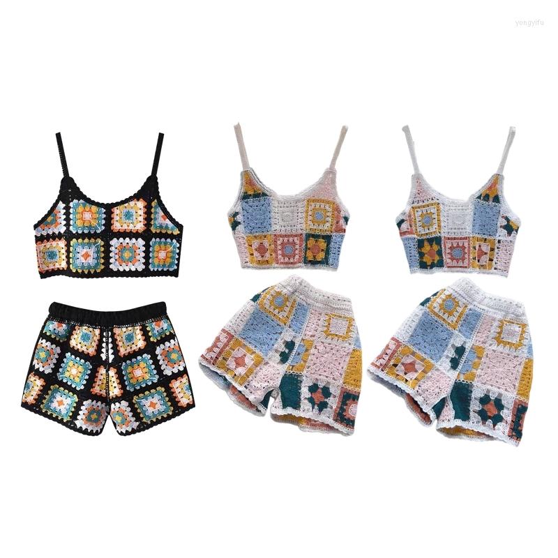 Women's Tracksuits 896E Women Shorts Two Piece Set Hollow Kintted Tank Crop Top Vest With Outfits