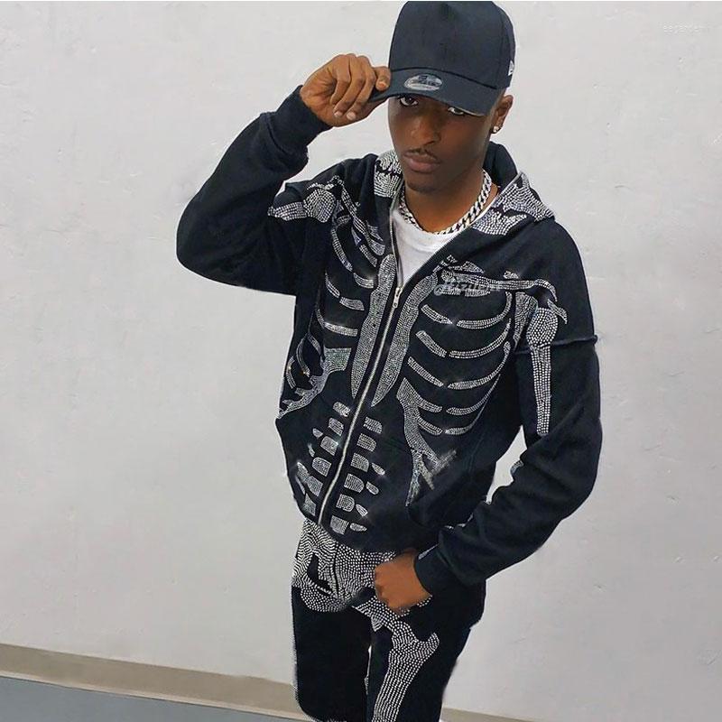 

Men's Hoodies American Fashion -selling Rhinestones Skeleton Print Black Y2k Gothic Long-sleeve Full Zip Hoodie Oversized Sweatshirt Jacket, Nz617-black