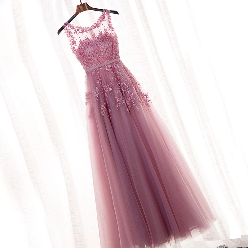 pink beaded Evening Dresses 2023 Appliques Long lace Prom Gowns muslim even dress-image-797907260