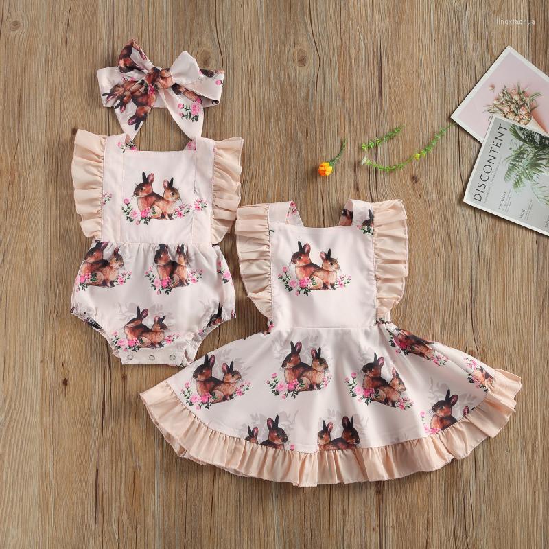 Ensembles de vêtements bébé fille soeurs vêtements assortis Costume de Pâques imprimé fleuri barboteuse/robe chapeaux tenues pour l'été