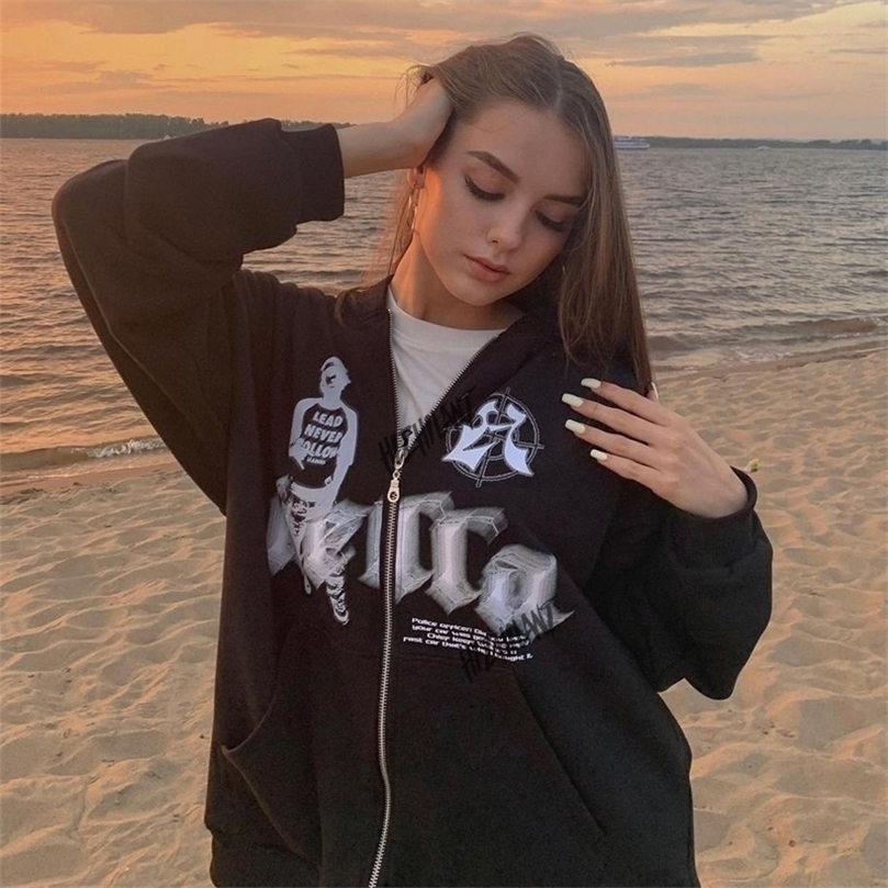 

Womens Hoodies Sweatshirts sweatshirt Oversized Jacket letter Print Coat Goth Harajuku Y2k aesthetic Clothes grunge Punk Zipup 220901, Black