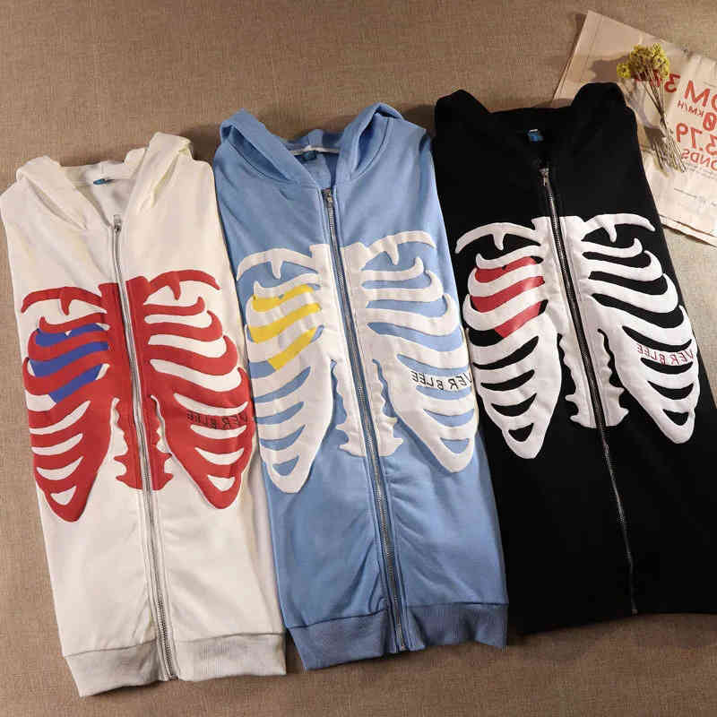 Men's Hoodies 2022 New Y2K Harajuku Korean Style Loose Skeleton Zip Up Hoodie Goth Grunge Long-Sleeved Hooded Jacket Retro Black Sweatshirt 090