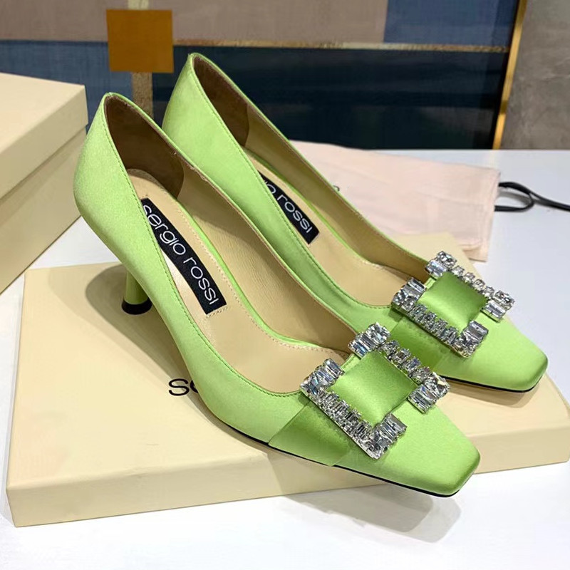 

Sergio Brand Sandals Women Square Toe Crystal Buckle Design High Heels Wedding Dress Party Shoes Top Quality 7cm Slik Leather Stiletto Factory Footwear, Orignal box