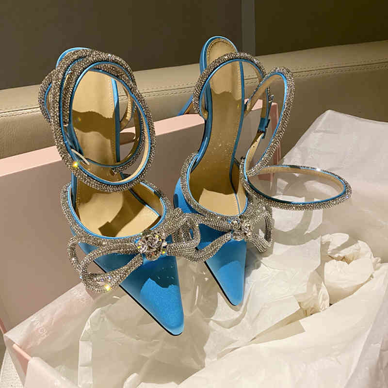 Dress Shoes Mach blue silk and satin sandals women's summer winding ribbon bow high heels thin