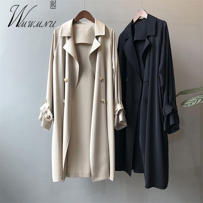 

Women's Wool Blends Casual Unlined Thin Trench Coat Korean Fashion Double Breasted Black Khaki Overcoat Spring Loose Gabardina Mujer 220901