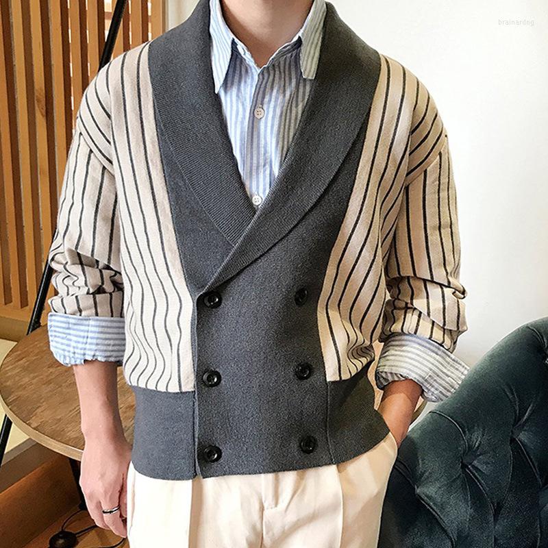 Men's Sweaters Business Casual Long Sleeve V-Neck Coat Men Fashion Striped Patchwork Knit Cardigan Mens Temperament Slim Double Breasted