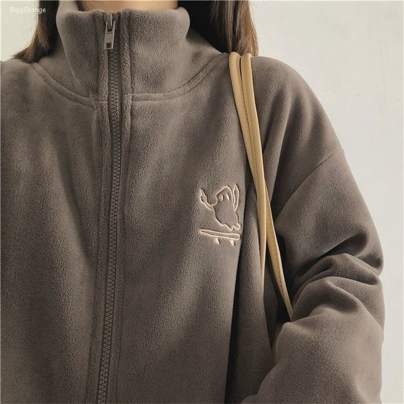 

Womens Hoodies Sweatshirts Casual Fleece Thick Women Jacket Autumn Winter Korean Fashion Loose Stand Collar Plush Zipper Sweatshirt Outwear 220901, Gray