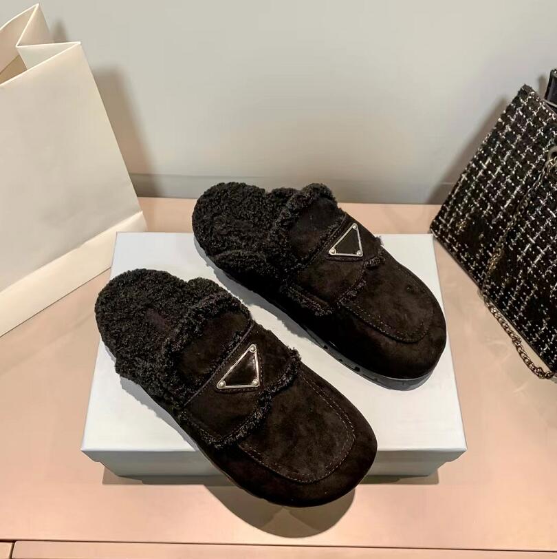 

Autumn Winter Outdoor Warmth Half Slipper Designer Shoes Flat Bottom Wool Slippers Fur Fluffy Soft Leisure Luxury Brand Triangle Scuffs slipper, Light tan