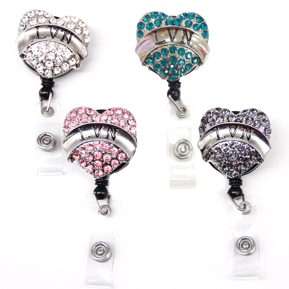

10pcs/lot Key Rings Rhinestone Heart Shape ID Name Badge Holder Nurse Medical LVN Retractable Badge Reel With Alligator Clip