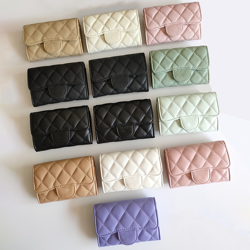 

Women Leather Coin Purse Top Mirror Quality Luxury Designer Flip Leather Wallet Short Caviar Card Holder Sheepskin Rhombus Key Case With Box Factory Wholesale High, Cowhide pink
