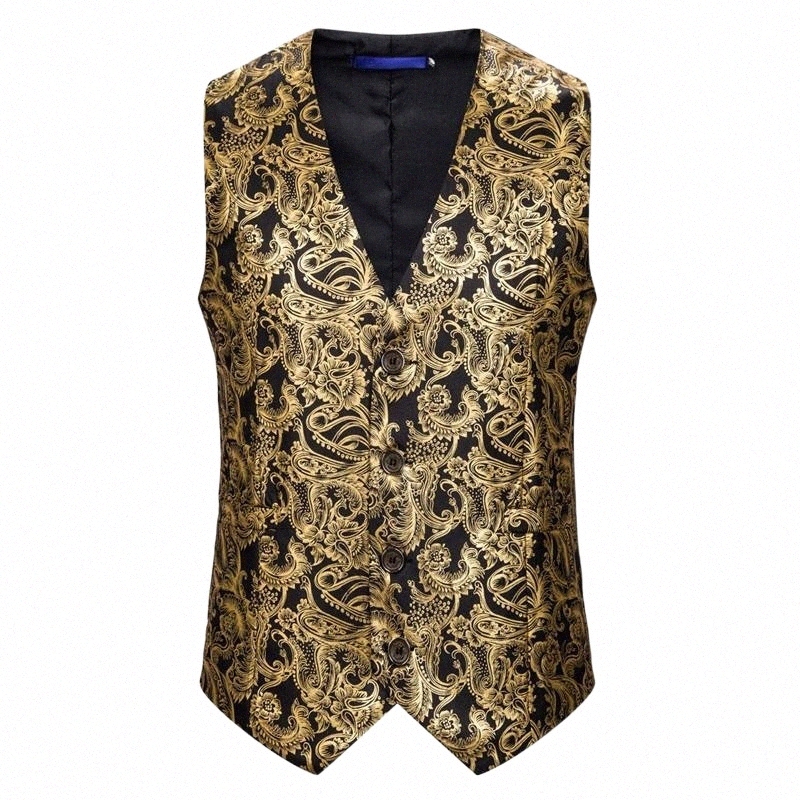 

Men's Vests men's Vests Baroque Waistcoats Mens Luxury Suits Vest Slim Fit Gold Cashew Flowers Printed Waistcoat Royal Blue Floral Stage Y2EA#