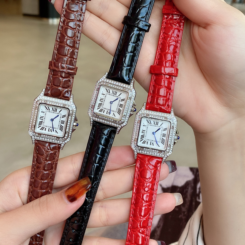 

3 Styles Womens diamonds Bezel square Watch Silver Case Red leather strap 316L stainless steel nice designer iced out Luxury Watches quartz Movement waterproof, Only box and papers