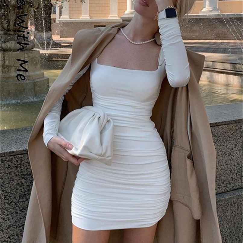 

Casual Dresses Side with Me Square Collar Long Sleeve Bodycon Sexy Mini Women Summer Party Club Elegant Folds Robe Dress for 220901, White
