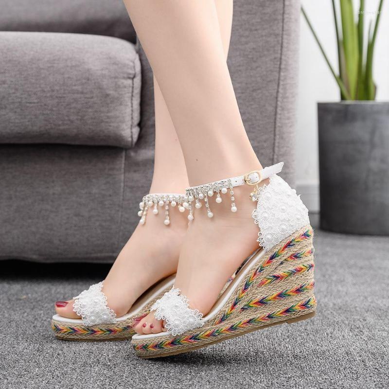 

Sandals Platform High Heels Women Wedges Thick Heel Open Toes Handmade Summer Soft Leather Casual Ankle Strap Beaded Shoes H0020, Women sandals shoes