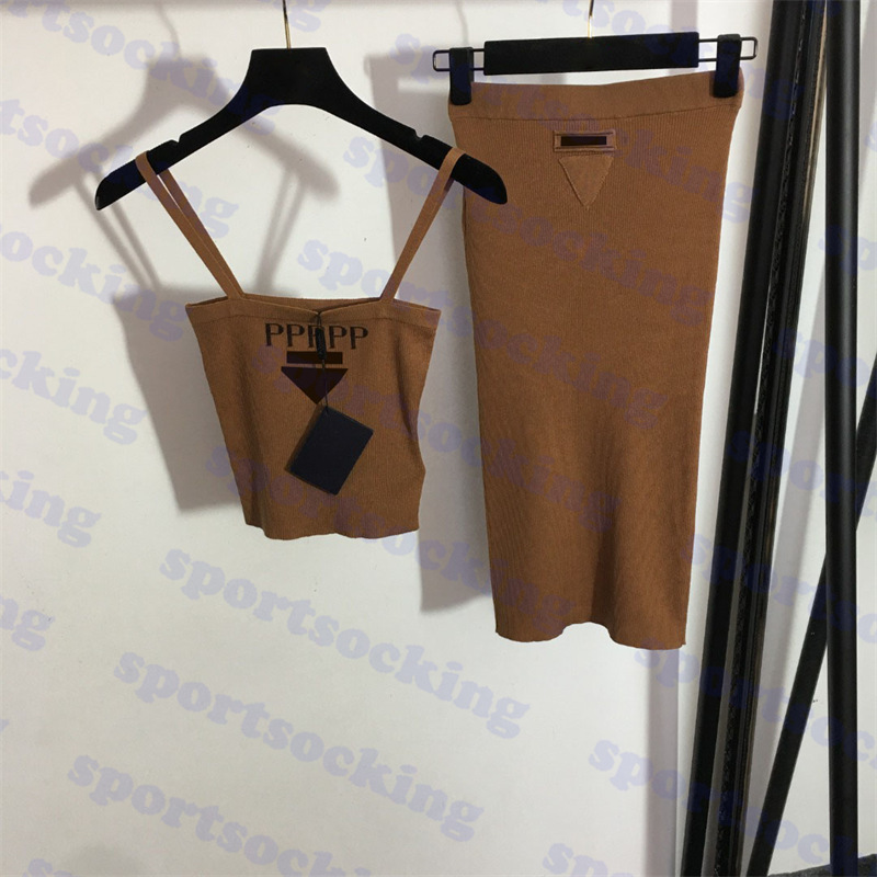

Knit Tube Top Camisole Two Piece Dress Letter Logo Womens High Waist Skirt Brown Ladies Skirts Suit, 20225718