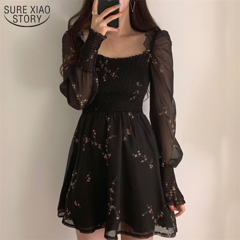 

Casual Dresses Autumn Womens Sexy Black Dress Vintage Flower Long Puff Sleeve Chiffon Korean Mini Vestidos Mujer Clothes 13676 220901