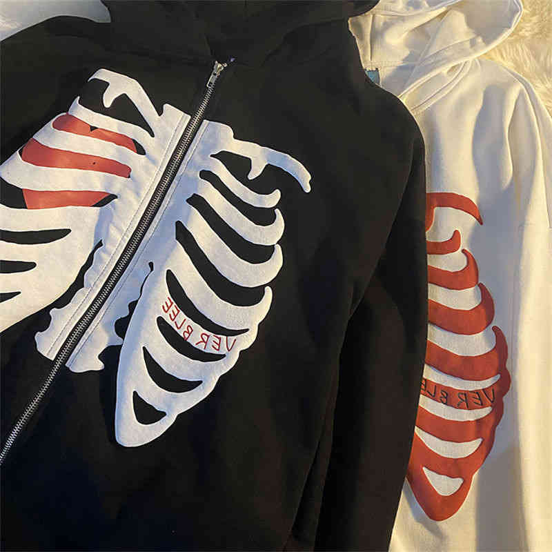 Men's Hoodies Sweatshirts Y2K Harajuku Korean Style Loose Skeleton Zip Up Hoodie Goth Grunge Long-Sleeved Hooded Jacket Retro Sweatshirt 0901H
