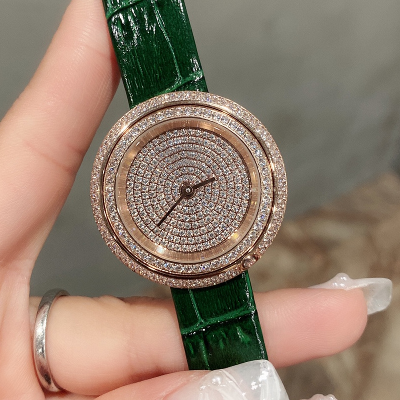 

12 Styles full diamonds womens Watch Rose Gold Case Green leather strap nice designer iced out Watches quartz Movement waterproof Top quality wristwatches, 04