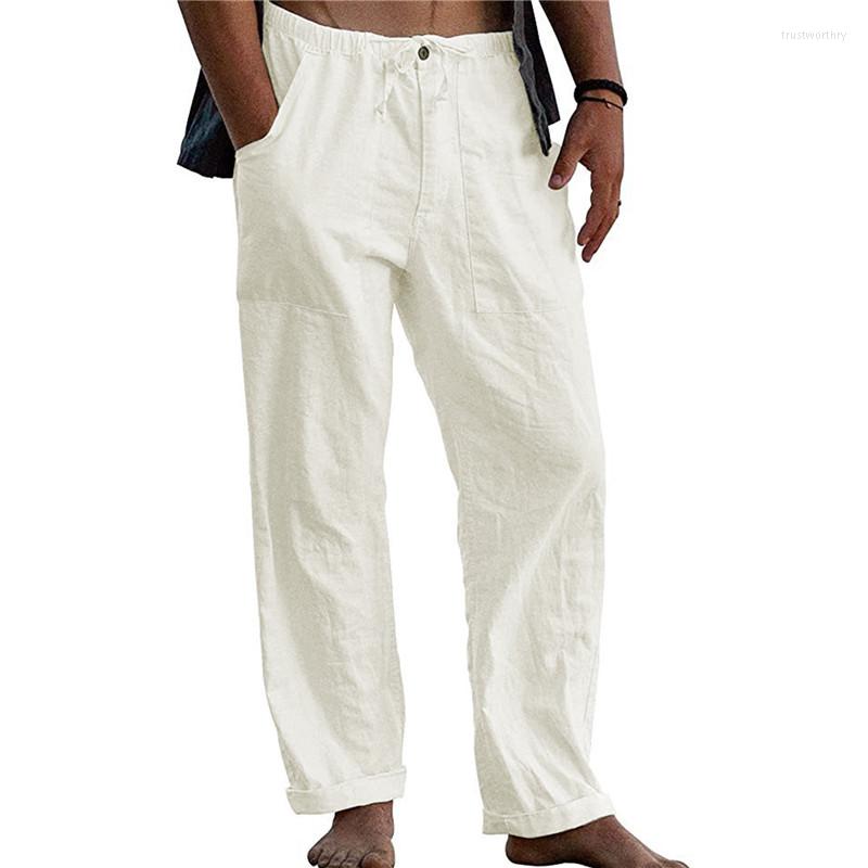 Pantalon homme blanc coton lin hommes 2022 décontracté ample léger Yoga pantalon hommes été plage longue avec cordon bouton