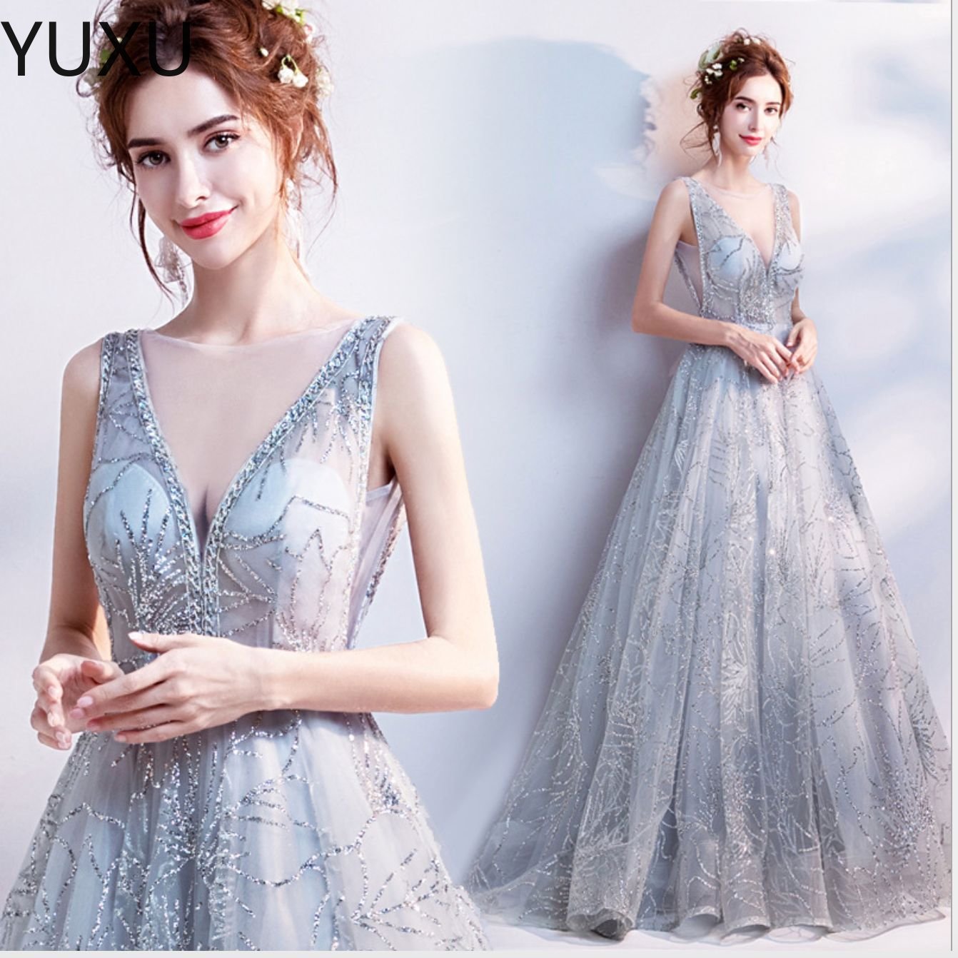 2023 luxury Evening Dresses lace Long Prom Dress v neck Tulle sequined flowers Formal Gowns-image-798059578