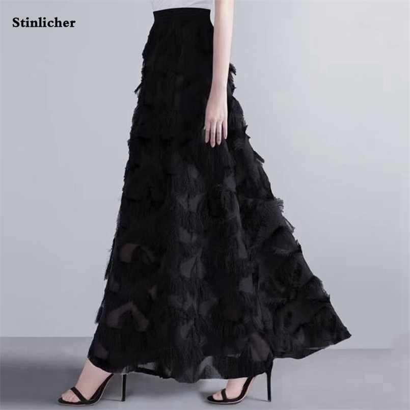 Robes décontractées Printemps Automne Femmes Plume Gland Club Plissé Maxi Jupes Élastique Taille Haute Longue Jupe De Fête Saias Faldas Jupe Femm