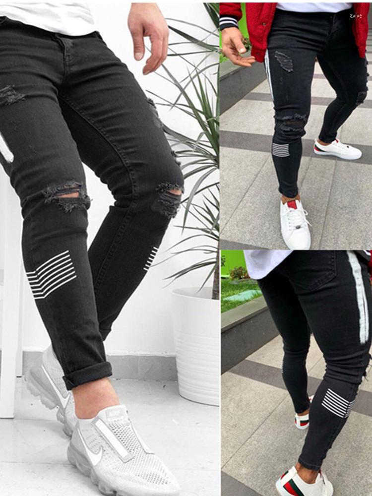 

Men' Jeans Men' Large Size -3XL Ripped Stripe Slim Casual Black Versatile Trend Small Leg Pants