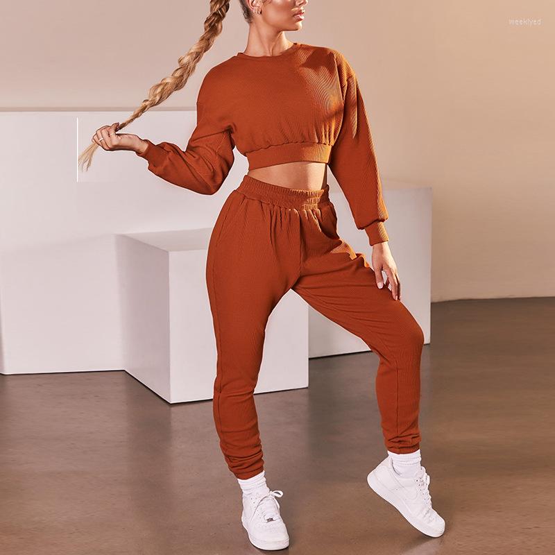 

Women's Tracksuits Spring/fall Casual Sweater Suit Oneck Long-sleeved Short Pullover With Color Feet Trousers Sports Street Lazy Freedom, Beige