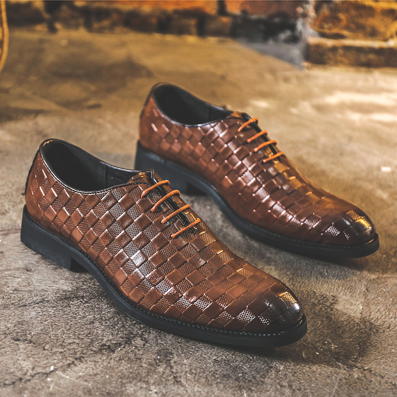 Oxford Shoes Men Shoes Personality Solid Color Square Pattern PU Pointed Lace Fashion Business Casual Wedding Daily AD129