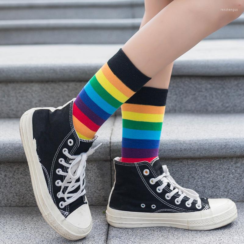 

Women Socks 1Pairs Four Seasons Woman Korean Rainbow Stripe Cotton Fashion Colorful High Quality Vintage Skateboard For Hip-Hop Girls, Black