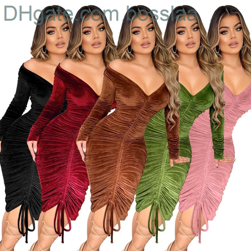 

Women Velvet Dresses Designer Pleated Slim Sexy V-neck Off Shoulder Bodycon Dress Clubwear, Pink