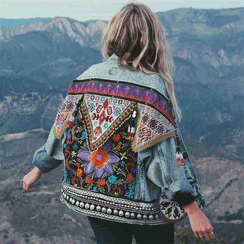 

Women's Jackets Spring Boho Denim for Women Floral Appliques Embroidery Vintage Coat Long Sleeve Outerwear Female Coatee 220901, Azul