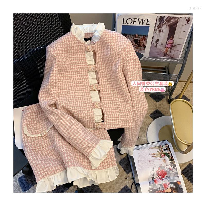 

Work Dresses Pink Elegant Tweed Skirt Suit Women' 2022 Fashion Two Piecehoundstooth Tiger Coat Hip 2-piece Set