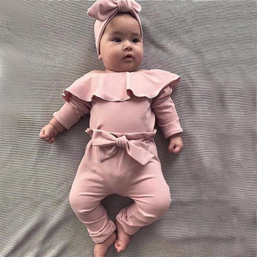 

Baby Girl Clothes Set Newborn Infant Girls Frill Solid Romper Bodysuit Bow Pant Outfits Infant New Born Outfits Kids Clothing273i, Black