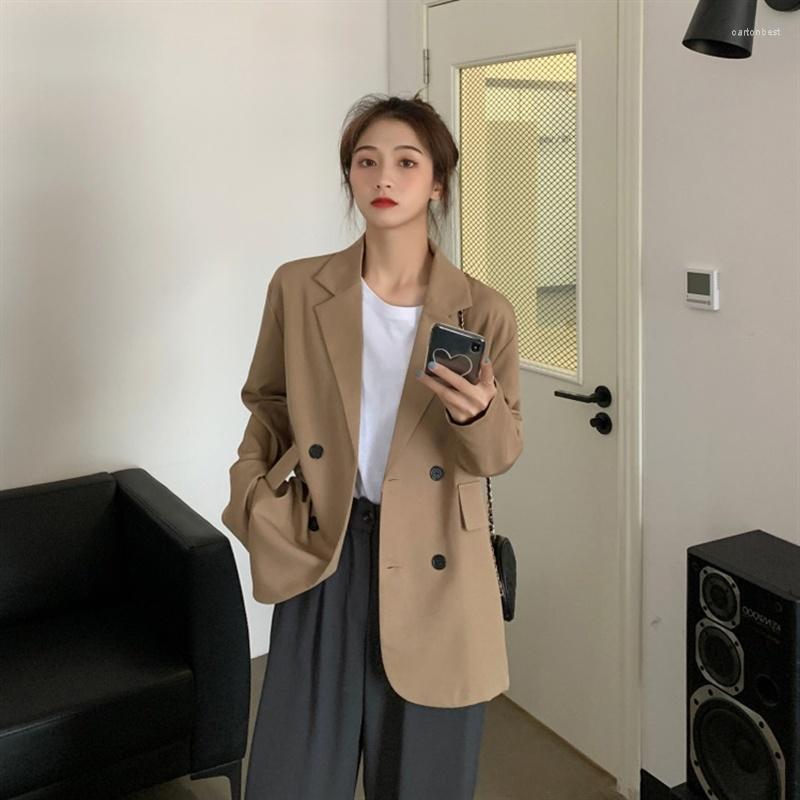 

Women's Suits Office Ladies Notched Collar Plaid Women Blazer Double Breasted Autumn Jacket 2022 Casual Pockets Female Coat Size L-4XL, Khaki