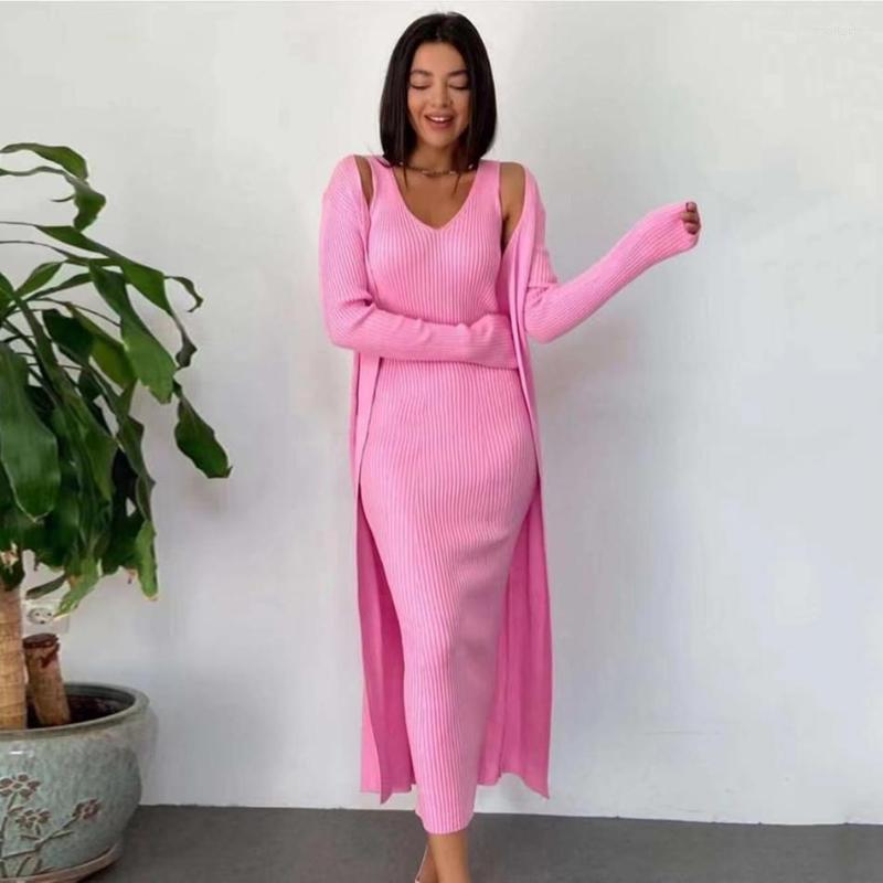 

Work Dresses V-neck Sleeveless Autumn Women' Knitted Cardigan Sweater Dress Fashion Casual 2-piece Set, Black