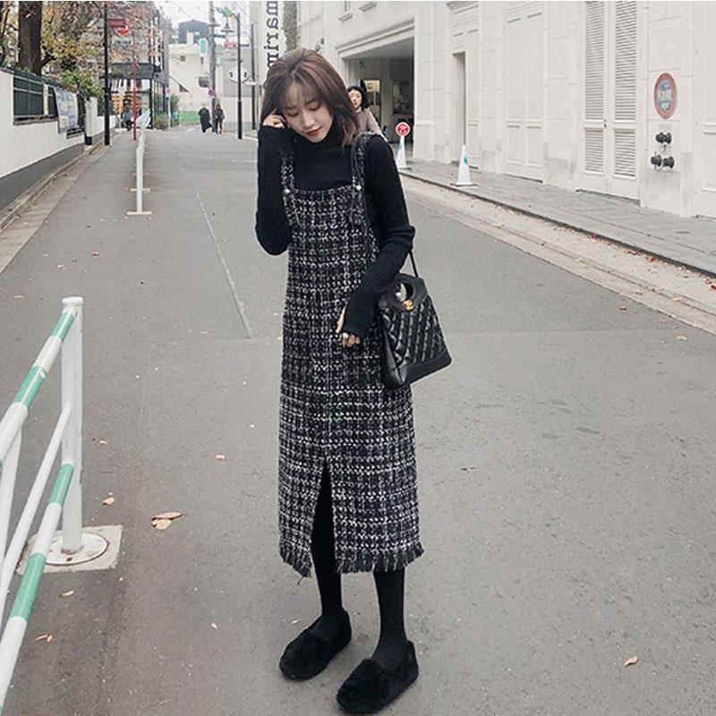 

Work Dresses Korean Fashion Suit Female Fall Winter Plaid Loose Tweed Suspender Skirt Long-Sleeved Knitted Bottoming Shirt Two-Piece Set, Sets s1220