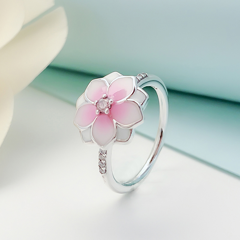 

Pink Magnolia Bloom Rings Women Authentic 925 Silver Wedding Gift Jewelry Set For pandora CZ diamond Flowers engagement Ring with Original Box