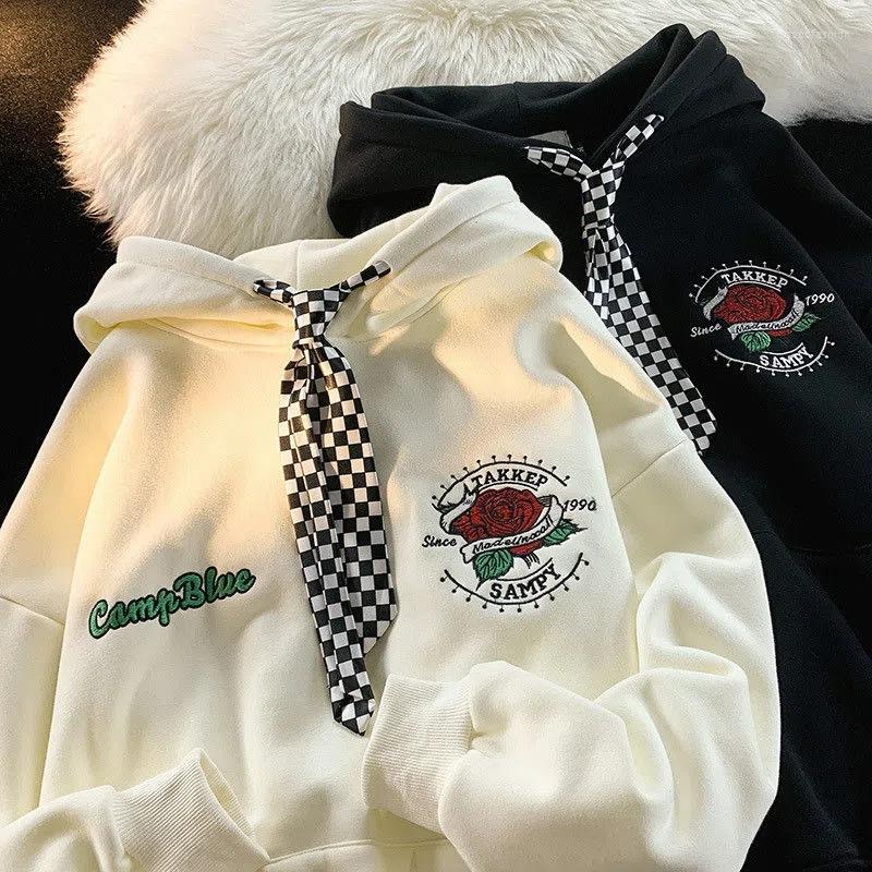 

Women's Hoodies Japanese Retro Tie Rose Embroidered Sweater Women's Loose Autumn Design Cute Thin Coat Trendy Oversized Sweatshirt, Beige