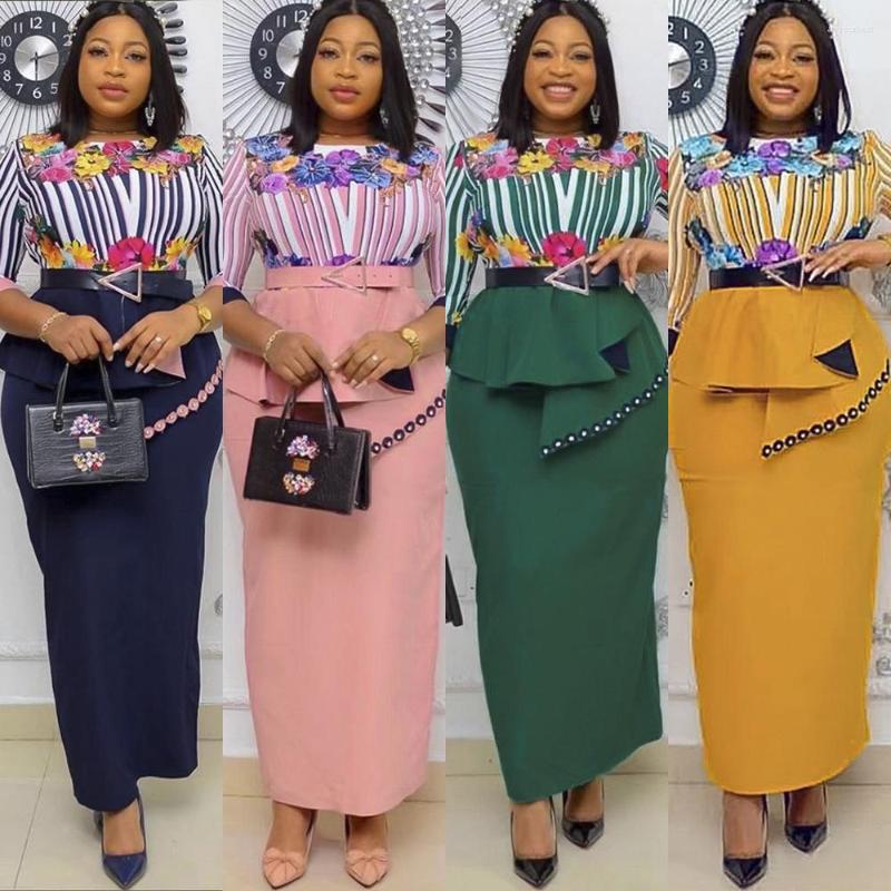 

Plus Size Dresses 2022 African Chiffon Loose Stripe Skirt Printed Short Sleeve Large Maxi With Belt, Green