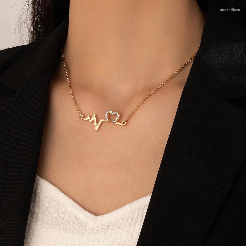 

Choker HuaTang Style Heartbeat Chart Pendant Necklace For Women Elegant Rhinestone Party Jewelry Accessories Collar 21954