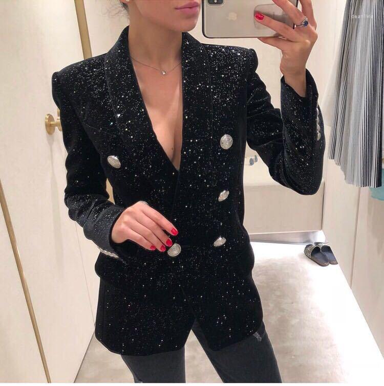 

Women' Suits Vintage Shiny Women In Stock Double Breasted Retro Pocket Blazer High Quality Celebrity Catwalk Show Coat 1 Piece, Black