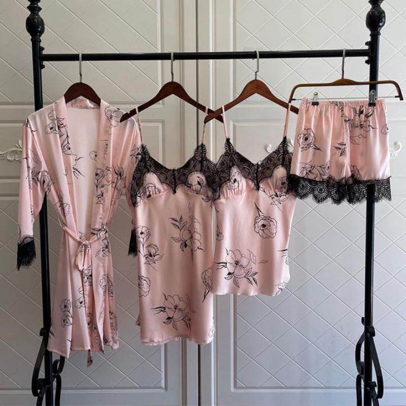 

Women Pajamas Suit Print Flower Sleepwear Nightwear Home Clothing Intimate, Beige
